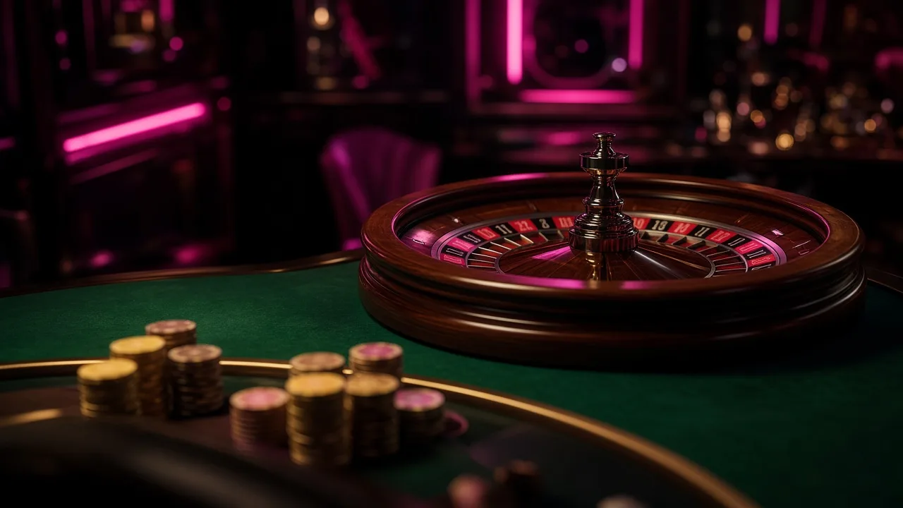 NV Casino Live-Tisch mit Roulette unter Magenta-Licht